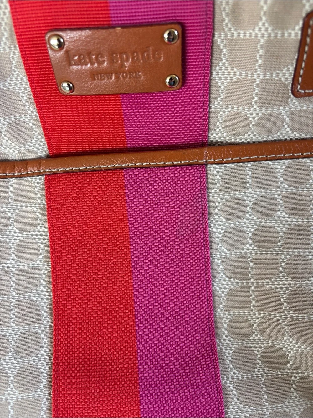 kate spade Beige Monogram Travel Tote with Pink and Red Stripe